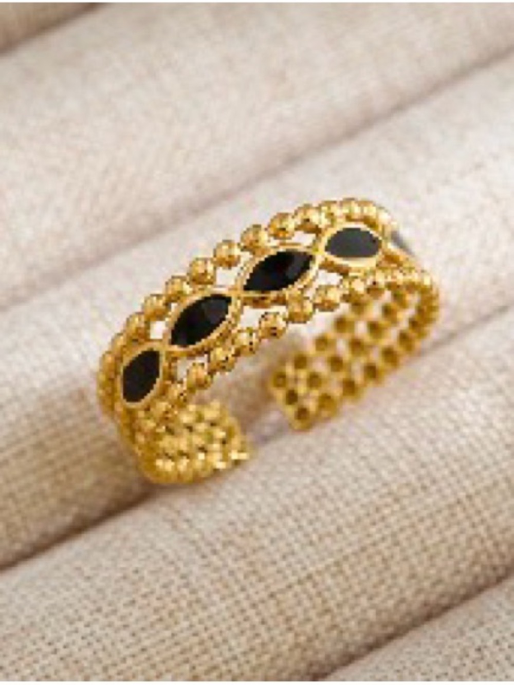 18k Gold plated Open Band Ring with Black Enamel Accents - Women's Jewelry
